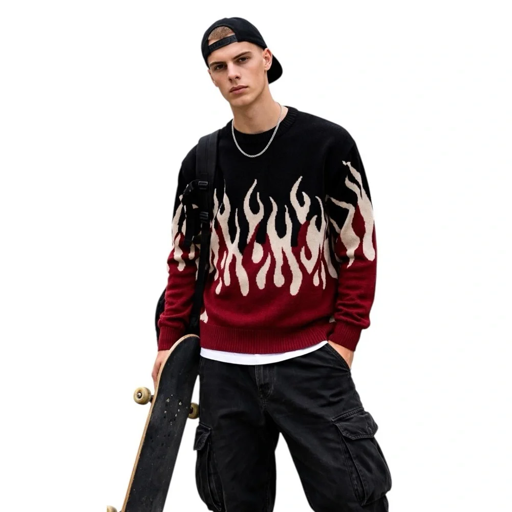MAENER Gengar Skater Flame Graphic Crewneck Sweater Long Sleeve Streetwear Small